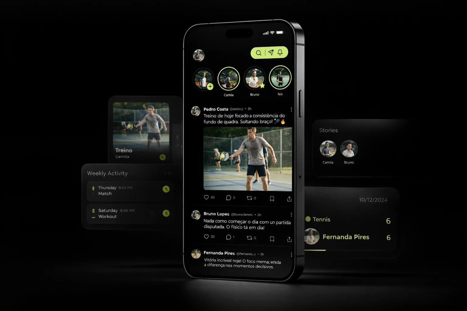 Mock premium da atividade social e feed da comunidade no PlayZone.