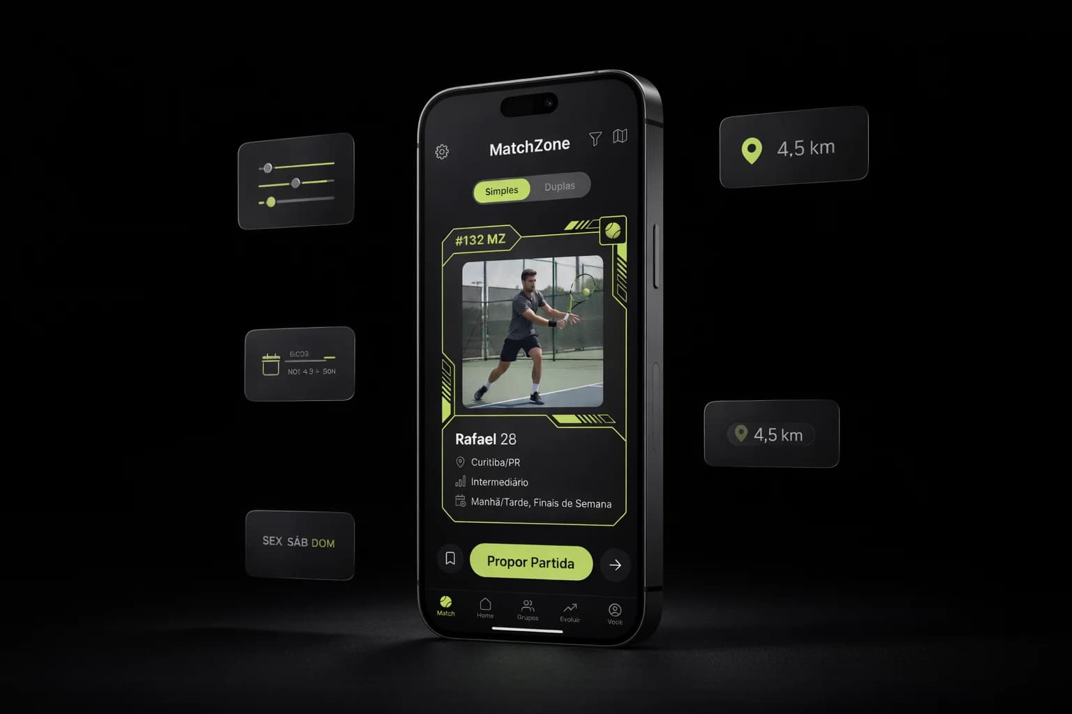 Mock premium da descoberta de atletas compatíveis no PlayZone.