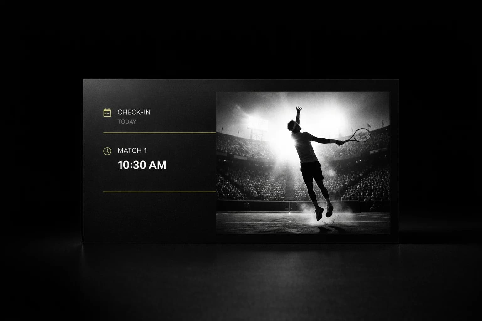 Painel premium do check-in e primeiro horário do torneio.