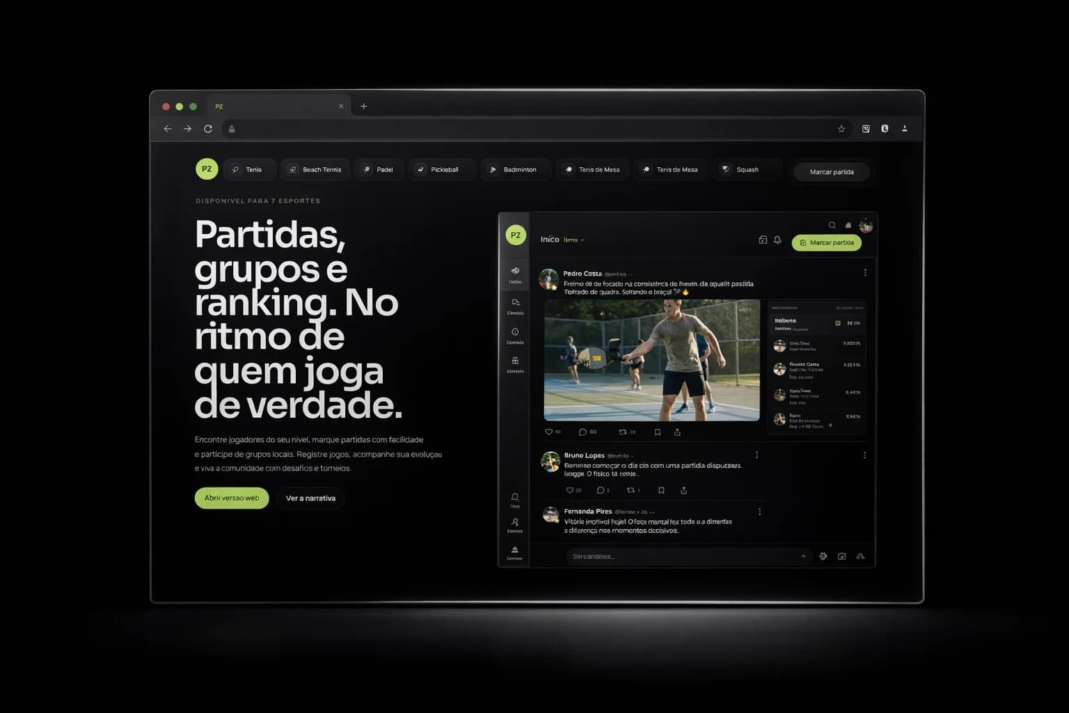 Mock premium de navegador mostrando a continuidade entre landing e area do atleta no PlayZone.